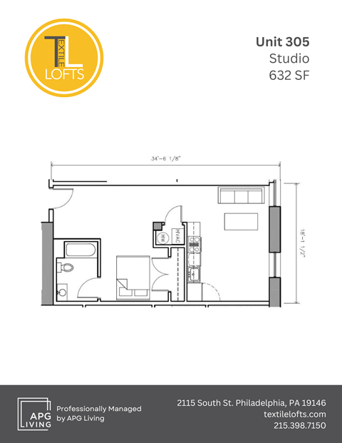 Floor plan for studio, 1 bath, 632 sqft